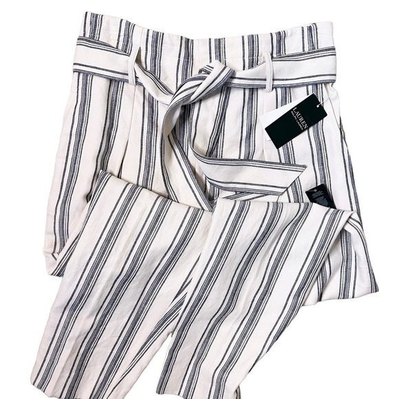LAUREN RALPH LAUREN NWT Linen Blend Tie High Waist Pants Size 4 in Blue Stripe - Picture 5 of 15